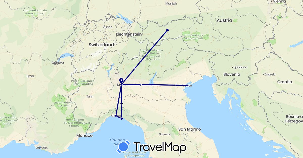 TravelMap itinerary: driving in Austria, Italy (Europe)